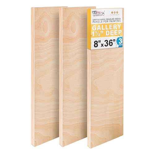 U.S. Art Supply 8" x 36" Unfinished Cradled Wood Panels for Painting, Gallery 1-1/2" Deep (3 Pack) - Artist Depth Wooden Wall Canvases - Mixed-Media Craft, Acrylic, Oil, Encaustic, Paint Pouring - size: 8" x 36"