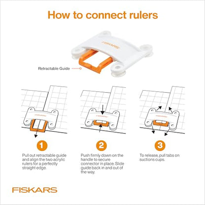 Fiskars 3-Piece Ruler & Connector Set, 6.5" x 6.5" & 6.5" x 24.5" Rulers | Connect Two Sewing Rulers of Any Size w/ Connector, Precision Measuring Tool for Arts & Crafts, Easy Alignment & Cutting - size: 6.5" x 6.5" and 6.5" x 24.5"