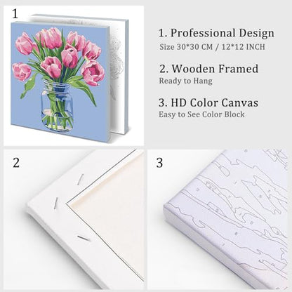 Natuyalo Paint by Numbers Kit for Adults Beginners, 12" Wx12 L Painting by Numbers Kit on Canvas Acrylic Drawing Kits Ready to Stretch and Framed, Pink Flowers - color: Color-02