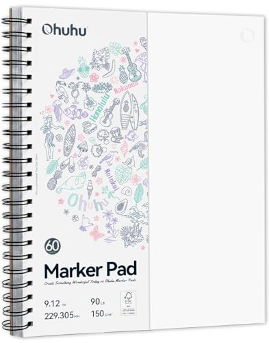 Ohuhu 9"x12" Double-Sided Bleedproof Marker Pad Art Sketchbook 60 Sheets | Large Sketch Book - 90 LB/150 GSM Smooth Drawing Paper - 60 Sheets/120 Pages - Spiral-Bound Sketch Pad for Alcohol Markers - size: 9" x 12”