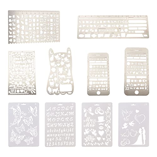 KISSITTY 10Pcs/Set Plastic & Stainless Steel Drawing Stencil Kits Reusable Painting Stencil Bookmark Metal Journal Templates Craft Stencils for DIY Scrapbook Album Wedding Card Journal Painting