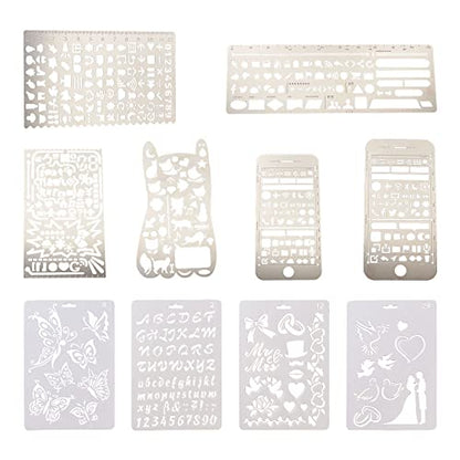 KISSITTY 10Pcs/Set Plastic & Stainless Steel Drawing Stencil Kits Reusable Painting Stencil Bookmark Metal Journal Templates Craft Stencils for DIY Scrapbook Album Wedding Card Journal Painting