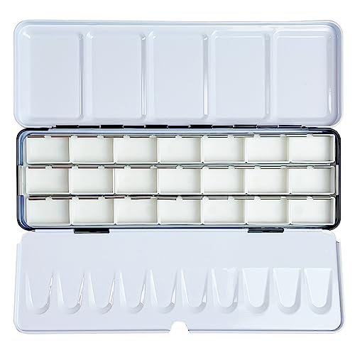 FCLUB Empty Watercolor Palette Paint Tin with 21Pcs Watercolor Full Pans | Medium Metal Watercolor Palette, Empty 3ML Full Pans, Folding Paint Tray with Lid, Paint Refills, Color Mixing, Art Painting - style: Tin Box with 21 Full Pans