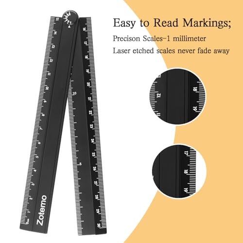 2-in-1 Foldable Metal Ruler & Protractor -15cm Compact to 30cm Extended, Precision Laser Etched Metric Scale, Aluminum Folding Small Ruler for Planner Journaling Drafting Drawing (Black) - color: Black