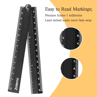 2-in-1 Foldable Metal Ruler & Protractor -15cm Compact to 30cm Extended, Precision Laser Etched Metric Scale, Aluminum Folding Small Ruler for Planner Journaling Drafting Drawing (Black) - color: Black