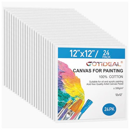 Canvas for Painting, 24pcs 12x12 Primed Bulk Painting Canvas Board | for Kids and Adults, White Blank Canvas Panels for Acrylic Paint, Oil, Pour Art Supplies - size: 12x12 inch