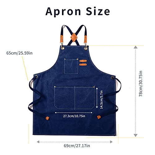 Tosewever Canvas Cross Back Chef Cotton Aprons for Men Women with Large Pockets - color: Blue