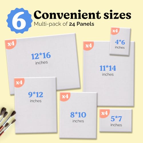 Chalkola 24 Pack Paint Canvases for Painting - Blank Art Canvas Panels | Multipack 4x6, 5x7, 8x10, 9x12, 11x14, 12x16 inch (4 Each) - 100% Cotton, Primed, Acid Free Art Canvas Boards for Painting - size: 24 - 4x6, 5x7, 8x10, 9x12, 11x14, 12x16, style: Var