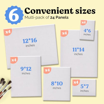 Chalkola 24 Pack Paint Canvases for Painting - Blank Art Canvas Panels | Multipack 4x6, 5x7, 8x10, 9x12, 11x14, 12x16 inch (4 Each) - 100% Cotton, Primed, Acid Free Art Canvas Boards for Painting - size: 24 - 4x6, 5x7, 8x10, 9x12, 11x14, 12x16, style: Var