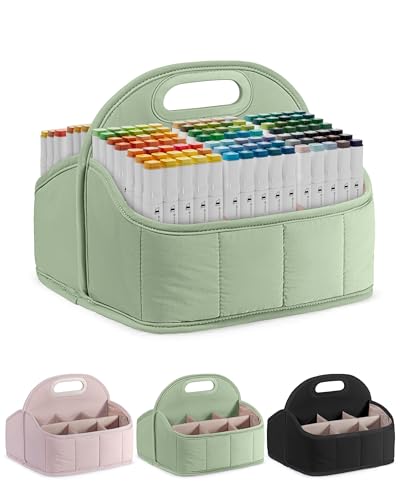 Rexmica Large Marker Caddy Organizer Case Bag for 210-400 Markers, Green | 12 Zones, Full-opening, Removable Base, Top handle, Multipurpose Marker Storage Bag for Adults, for Cosmetic/Sewing/Art Craft - color: Green