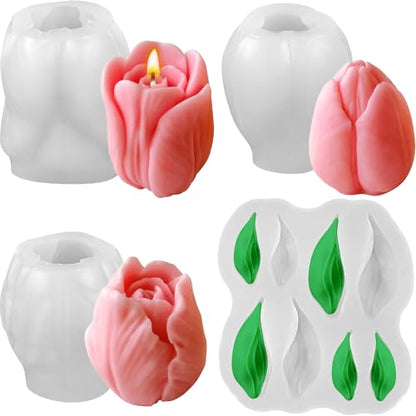 Tulip Candle Molds with Leaf Mold, 3D Tulip Flower Candle Molds - color: 4 PCS Tulip Candle Molds with Leaf Mold