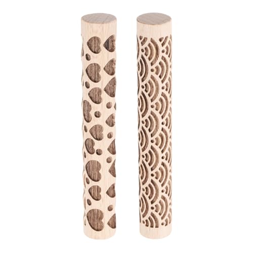 HARFINGTON 2pcs Wood Clay Roller 4"Water Wave Heart Pattern Rolling Pins Pottery Tools Wood Grain Texture Rollers for Clay Baking Dough Playdough DIY - style: Water Wave + Heart