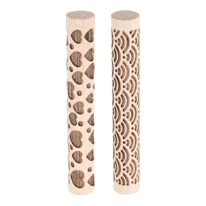 HARFINGTON 2pcs Wood Clay Roller 4"Water Wave Heart Pattern Rolling Pins Pottery Tools Wood Grain Texture Rollers for Clay Baking Dough Playdough DIY - style: Water Wave + Heart