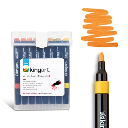 KINGART 409-48B Acrylic Paint Markers Set, 48-Colors | Precise 2mm Bullet Tip for Detail Work, Outlining, Lettering and Illustrations