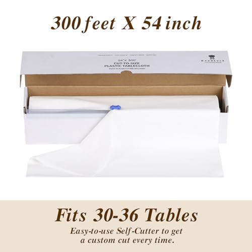 Goodluck 54 Inch X 300 Feet Plastic Table Cloths with Cutter Box, White Disposable Table Cover Roll, Plastic Tablecloth for Party, Banquet, Wedding, Birthday, Anniversary - color: White, size: 15.4" x 5.5" (Rectangular)