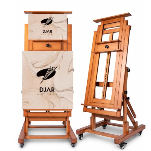 DJAR Extra Large H-Frame Studio Art Easel with Lockable Casters, Walnut | Movable Wooden Tilts Flat Heavy Duty Floor Stand, Solid Beech Wood Art Easel For Artists, Hold 1 or 2 Canvas up to 79"