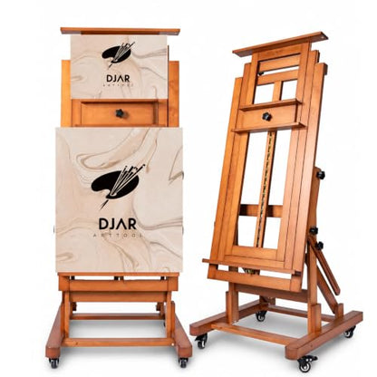 DJAR Extra Large H-Frame Studio Art Easel with Lockable Casters, Walnut | Movable Wooden Tilts Flat Heavy Duty Floor Stand, Solid Beech Wood Art Easel For Artists, Hold 1 or 2 Canvas up to 79"
