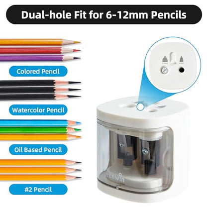 tenwin Electric Pencil Sharpener, Dual-Hole Fit for 6-12mm Pencils - color: White