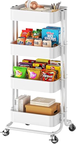 Pipishell 4 Tier Metal Rolling Utility Cart with 2 Lockable Wheels, White | 360° Rotating Wheel, Heavy-Duty Steel, Sturdy Dual Columns, Ventilated Mesh, Hold 22 lbs per Shelf, for Kitchen & Living Room - color: White, size: 4 Tier