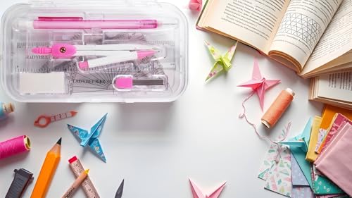 9-piece set back-to-school kit , packed in a reusable plastic box,two triangles, a protractor, a 15-centimeter ruler, a compass, a mechanical pencil with extra lead, and an eraser. - color: Pink