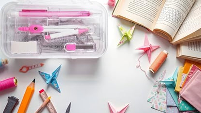 9-piece set back-to-school kit , packed in a reusable plastic box,two triangles, a protractor, a 15-centimeter ruler, a compass, a mechanical pencil with extra lead, and an eraser. - color: Pink