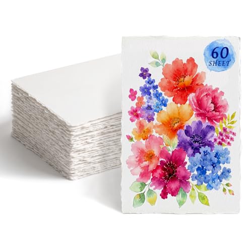 Deckled Edge Watercolor Paper 4x6 Inch, 60 Sheets 300gsm Thick Cotton Blend, Handmade Torn Edge Cards for Watercolor, Calligraphy, Wedding Invitations, DIY Crafts & Postcards