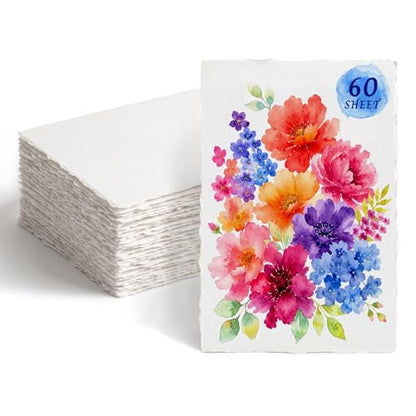 Deckled Edge Watercolor Paper 4x6 Inch, 60 Sheets 300gsm Thick Cotton Blend, Handmade Torn Edge Cards for Watercolor, Calligraphy, Wedding Invitations, DIY Crafts & Postcards