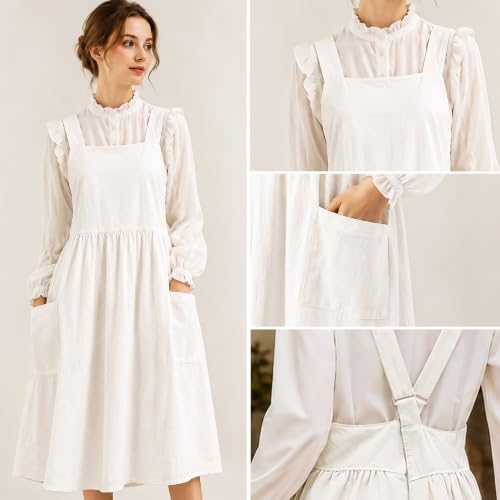 Uaussi Cotton Linen Apron Cross Back Work Apron for Women with Pockets Pinafore Dress X Cross Halter Apron for Chef Gardening - color: White
