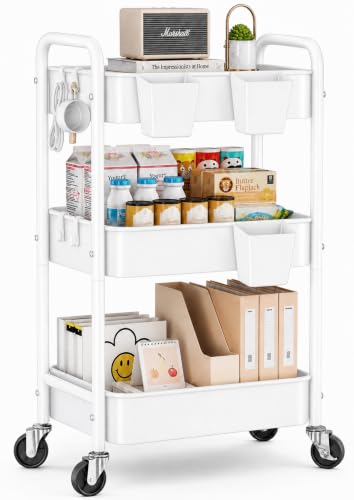 3 Tier Heavy Duty Rolling Cart Metal with Wheels, White Three Tiered Roller Shelf Carts on Wheels, Utility Storage Shelves Organizer for Kitchen, Bedside, Laundry, Snack, Craft, Art, Pantry, Nail - color: White, size: 3 Tier