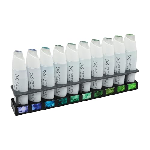 Artfinity Alcohol Ink Close Encounter Set of 10 Colors (25 ml) with Free Acrylic Stand - for Painting or Alcohol Marker Refill Ink, Acid-Free, Fast-Drying, Permanent, Transparent, Swatch Template - color: Close Encounter