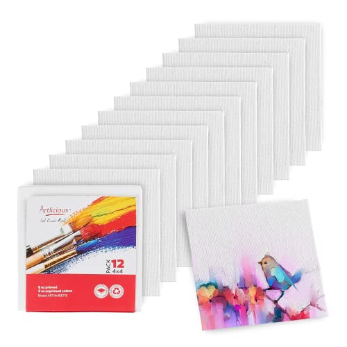 Artlicious Small Canvases for Painting - Pack of 12, 4 x 4 Inch Blank White Canvas Boards - 100% Cotton Art Panels Mini Canvas Bulk for Oil, Acrylic & Watercolor Small Painting Canvas - size: 4x4" - 12Pcs
