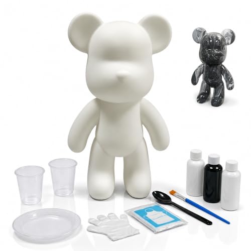 YONXID DIY Fluid Bear Painting Kit - Fluid Art Pour Paint Bear Set - Full Drip Paint Bears Kit with Spill Tray & Apron for Family Activity, Date Night, Holiday Gifts, 9.05 in, White+White+Black - color: White+White+Black(Easy DIY)