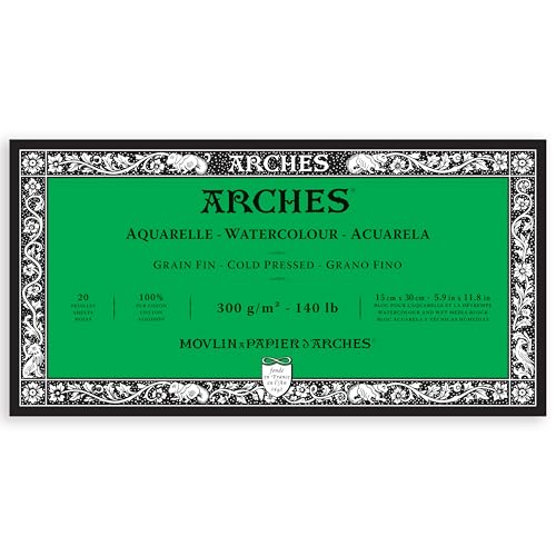 Arches Aquarelle Watercolor Block, Cold Pressed, 140lb/300gsm, 20 Sheet, 5.9x11.8 inch, Arches Watercolor Paper 100% Cotton