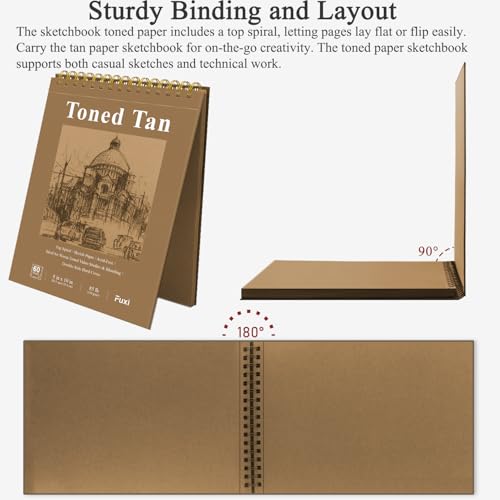 Fuxi Toned Sketchbook 8x10, 60 Sheets Spiral Bound Artist Sketch Pad - Perfect Art Gift for Artists, Students & Professionals. - color: Toned Tan, size: 10" x 8" (Pack of 1)