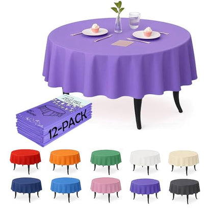 12-Pack Purple Plastic Tablecloths – 84 Inch Round Disposable Table Covers, Heavy Duty & Waterproof for Parties, Events, Banquets, Purple - color: Purple, size: 84" Round