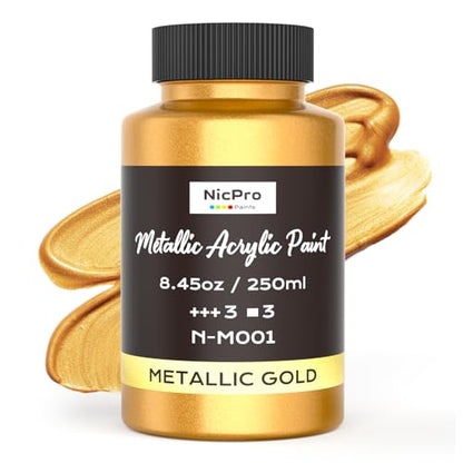 Nicpro Metallic Gold Acrylic Paint, 8.45oz/250ml Large Gold Leaf Paint | Non Toxic, Non Fading Craft Paints for Metal, Wood, Clay, Fabric, Canvas, Furniture, Handcrafts, Art Supplies - color: Gold, size: 8.45 Fl Oz (Pack of 1)