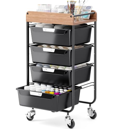SYKIARIOL Utility Cart with 4 Labeling Drawers and Wooden Tabletop,Black - color: Classic Black, size: 4-Drawer