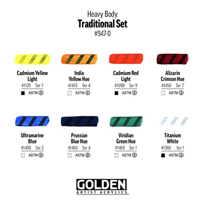 GOLDEN Heavy Body Acrylics, Traditional Set, 8 Color, Professional Acrylic Paint
