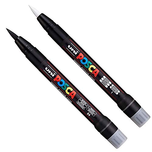 POSCA Uni PCF-350 Brush Tip Paint Marker Pen - Fabric, Glass, Metal - Black & White Set (1 of Each)
