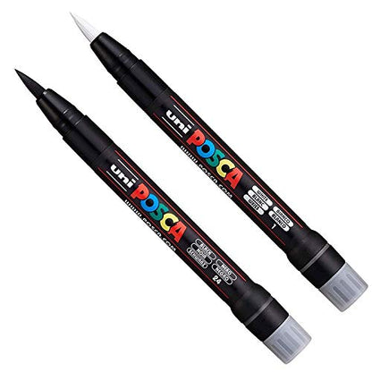 POSCA Uni PCF-350 Brush Tip Paint Marker Pen - Fabric, Glass, Metal - Black & White Set (1 of Each)