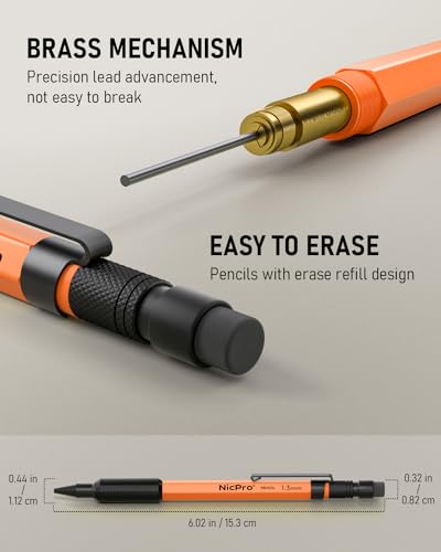 Nicpro 3 PCS 1.3 mm Mechanical Pencils Set with 66 Lead Refill, 3 Eraser | MP2000 Orange Weatherproof Metal Barrel, Heavy Duty Carpenter Pencil for Outdoor Construction Marking Drafting and Drawing - style: 3 Pack (Orange)
