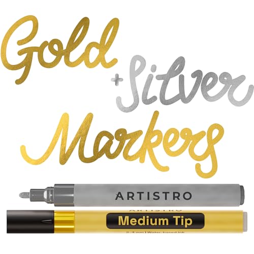 ARTISTRO Gold & Silver Acrylic Paint Markers - 3mm Medium-Tip - Set of 2 | Paint Pens, Perfect for Crafting, Art Projects, & More - color: Gold & Silver, style: Medium