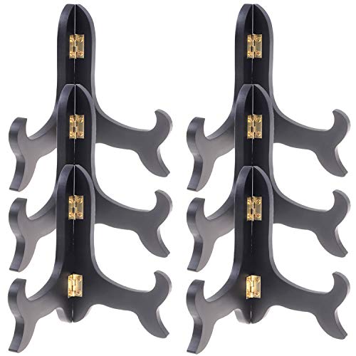 5" Wooden Display Stands Black Foldable Wood Easel Stands with Gold Latch | 6Pcs Adjustable Width Plate Holders for Picture Frames Decorative Plates Artwork Cookbooks Tabletop Display