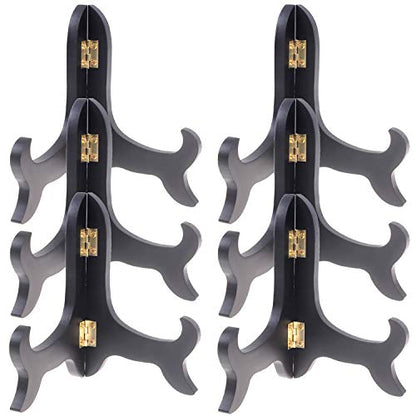 5" Wooden Display Stands Black Foldable Wood Easel Stands with Gold Latch | 6Pcs Adjustable Width Plate Holders for Picture Frames Decorative Plates Artwork Cookbooks Tabletop Display