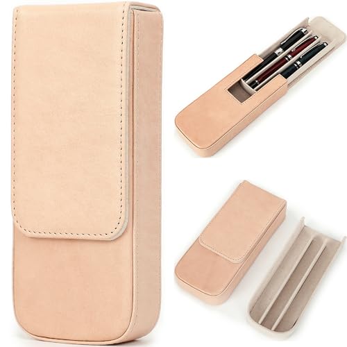 Top Grain Genuine Leather 3 Fountain Pen/Pencil Case Organizer, Solid Minimalist Design, Handmade, Magnetic Closing with Drawer Design, Gift Choice for Man/Woman/Office, Glossy Nude, 3 Slots - color: Glossy Nude, size: 3 Slots -【Magnetic Closure】