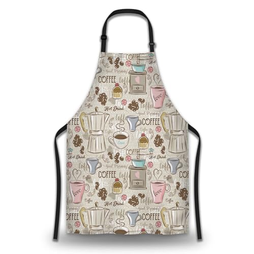 Retro Apron for Women Coffee Set Patterns Mans Aprons for Grilling for Kitchen Cooking Restaurant BBQ Painting Crafting Gardening 27” (W) x 31” (H), Waterproof Aprons - color: Coffee Set Patterns
