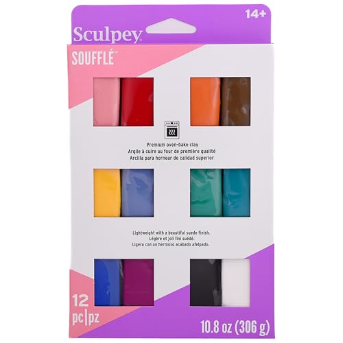 Polyform Sculpey Soufflé Polymer Oven-Bake Clay, 12 color set, Non Toxic, 10.8 oz., Great for jewelry making, holiday, DIY, mixed media and more! Premium light-weight oven bake clay. | Lightweight Oven Bake Clay with Suede Finish, Flexible & Crack-Resista