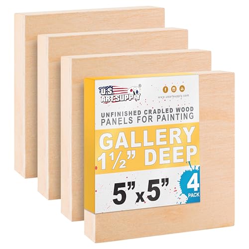 U.S. Art Supply 5" x 5" Unfinished Cradled Wood Panels for Painting, Gallery 1-1/2" Deep (4 Pack) - Artist Depth Wooden Wall Canvases - Mixed-Media Craft, Acrylic, Oil, Encaustic, Paint Pouring - size: 5" x 5", style: Square