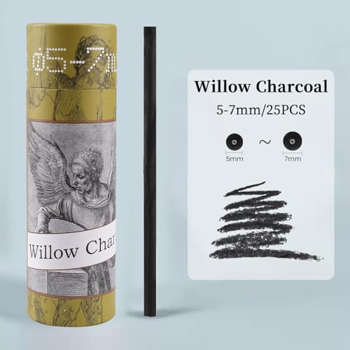 Willow Charcoal Sticks - Natural Willow Charcoal for Artists, Beginners, or Students of All Skill Levels - Perfect for Drawing and Sketching, Approx. 5-7mm Dia, 25 Sticks - style: 5-7mm