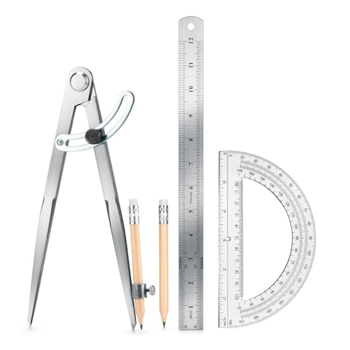 12 Inch Compass Geometry Tool Drawing Compass with Pencils | Includes Large Compass 12 Inch Ruler 6 Inch Protractor and 2 Pencils for Woodworking Carpenter Drafting - size: 12 inches+2 Pencils